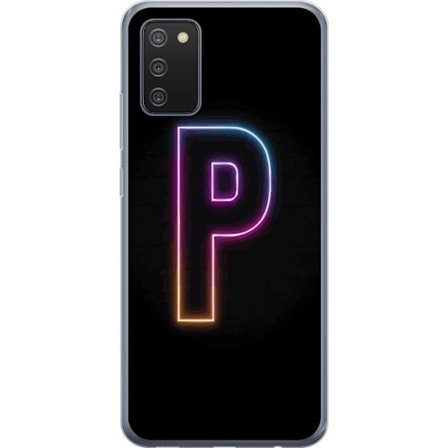 Kompatibel Mobilcover til Samsung Samsung Galaxy A02s Minimalistisk neonbogstav P i farvegradient og lyseffekt mod sort baggrund i digital neonstil