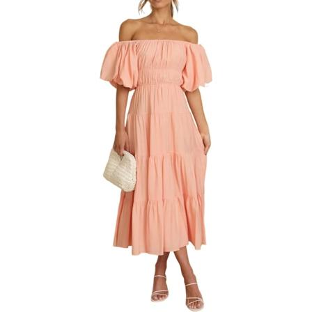 ivimos Off-Shoulder Klänningar för Kvinnor Sommar Puff Ärm Empire Midja Casual Volang A-Linje Flytande Midi Klänning med Bälte Persika Medium
