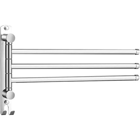 Drejelig håndklædeholder, 3-arms håndklædestang i rustfrit stål, vægmonteret med kroge (sølv)