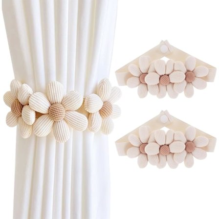 Gardinbånd med pynt, Beige blomsterformet gardinbånd, Justerbare gardinholdere, Gardinstropper for stue, kontor og soverom