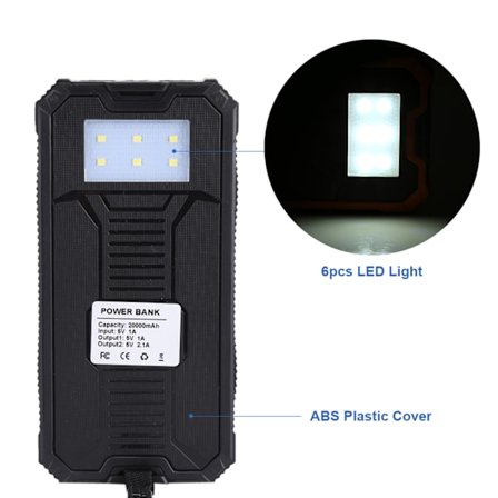 20000mAh Bærbar Solcelle Powerbank Ekstern Batterioplader med 6 LED-lys Sort