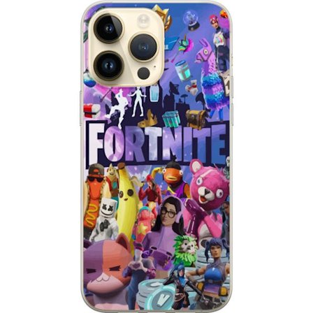 Apple iPhone 14 Pro Max Gjennomsiktig deksel Fortnite kollasj med ikoniske karakterer, skins, Victory Royale og sterke farger som skaper et energisk o