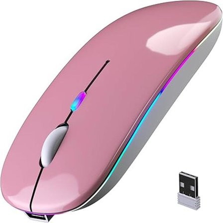 Oppladbar LED Trådløs Bluetooth-mus, Stille, Ultratynn Design (Bluetooth 5.0 og 2.4GHz USB-mottaker) (Rosa)