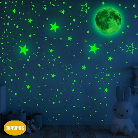 1049 st (grön Ljus: Måne+stjärna Kombination 20cm) Glow In The Dark Stjärnor, Fluorescerande Klistermärke Ljusprickar, Fluorescerande Klistermärken 