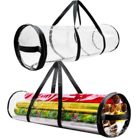 Oppbevaringspose for gavepapirrull, transparent oppbevaringspose for gavepapir, med glidelås og håndtak.