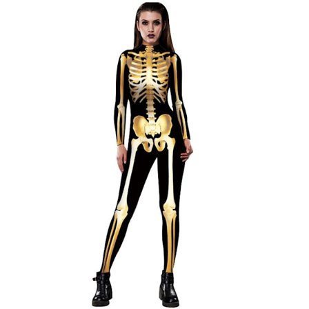 Halloween-kostyme for kvinner med hodeskalletrykk, lang ermet jumpsuit