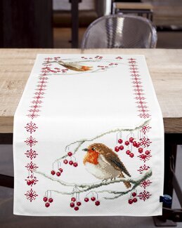 Stickpackung Tischläufer Rotkehlchen auf einem Zweig