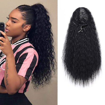 Lang Krøllet Hestehale med Snøre til Kvinder 22 Tommer Clip-In Bølget Naturlig Hestehaleforlængelse til Kvinder (1b)-9