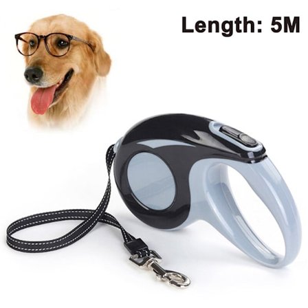 Inrullbar hundkoppel, 5 m, för små, medelstora och stora hundar, lämplig för husdjur upp till 25 kg, svart