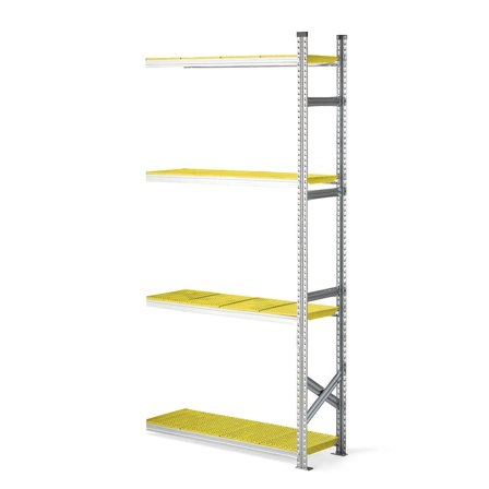 Reol påbyggseksjon med gule plasthyller, 2500x1200x400 mm