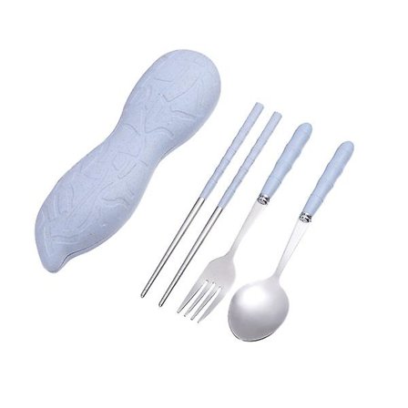 Rustfritt stål bestikksett i hvetestrå, bærbar middagsservice, spisepinner, skje, gaffel, bestikksett med peanøtteske for reise, hjem, camping (grønn)