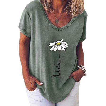 Kvinnor T-shirt V-hals Blomma Utskrift Top Kortärmad Lös