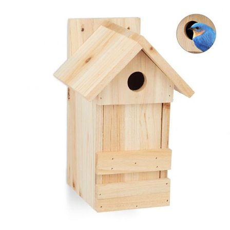 Puinen lintumaja, jossa terävä katto