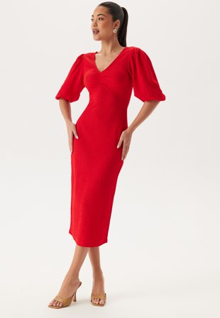Bubbleroom - Structure Puff Sleeve Dress - Red - Kläder