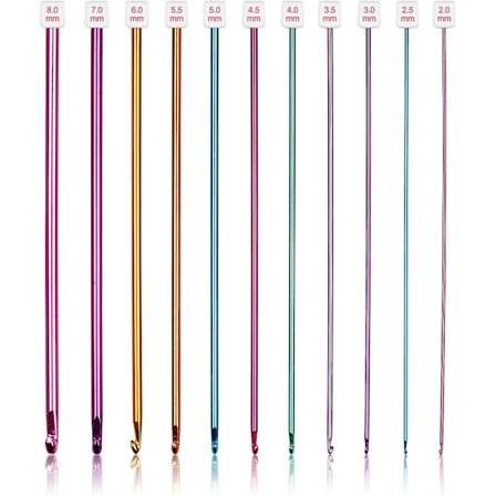 Sett med lange heklenåler, 11 tunisiske heklenåler, flerfarget