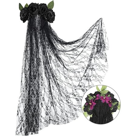 Halloween Spets Hårband, Ros Hårband, Svarta Ros Mesh Spets Håraccessoarer, Halloween Spökbrud Party Huvudbonad