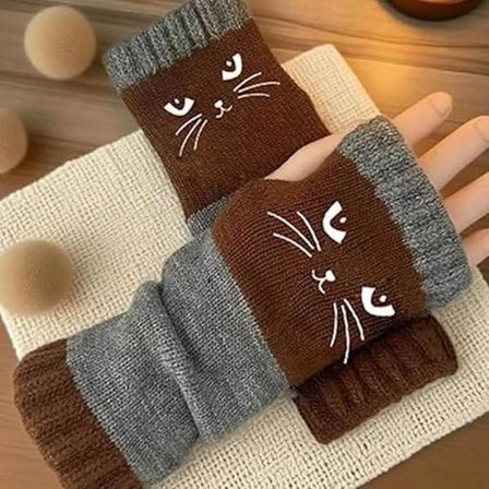 Søte strikkede fingerløse hansker for kvinner til vinteren, med kattemønster, for å holde hendene varme.