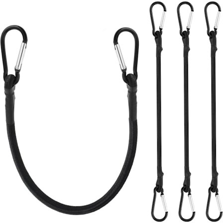 Sort elastik med karabinhage, ekspanderkarabinhage, gummistropper med karabinhage, bungee-snor med stålkarabinhager, ekspander med kroge, gummi