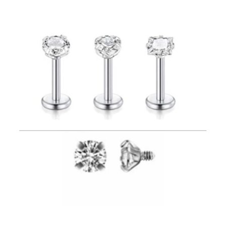 3 st Labret med sten, Kirurgiskt Stål.