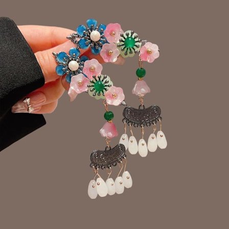 1/2 stk. Blomsterformet Lang Hårnål med Kvaster, Blomstret Side Ban