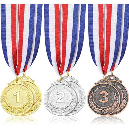 6 stk. gull, sølv og bronsemedaljer - premiemedaljer - gull, sølv, bronse - olympiske premiemedaljer - 1., 2. og 3. plass med bånd for olympiske 