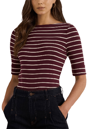 Lauren Ralph Striped Stretch Cotton Boatneck Tee T-shirts Dam Beige M