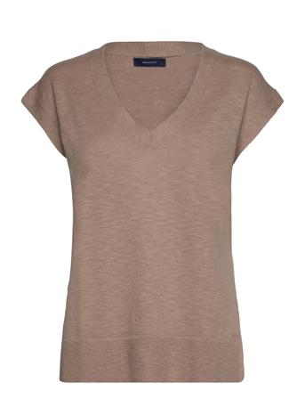 Linen-Blend V-Neck Vest T-shirts & Tops Short-sleeved Brun GANT*Betinget Tilbud