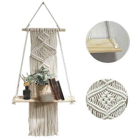 Handvävd boho dekorativ flytande hylla gobeläng trä vägghylla med naturliga accenter (FMY)
