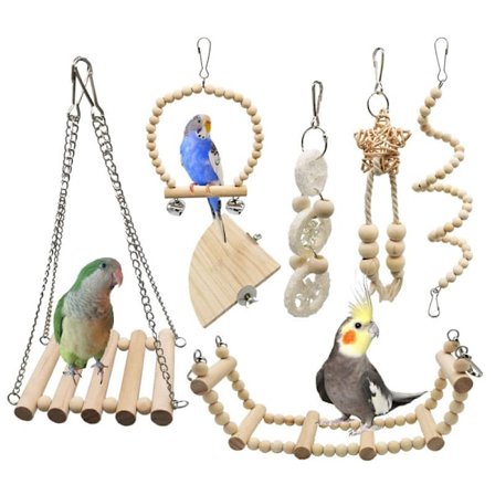 Fugle legetøj, 7 pakke naturlige træ papegøje tygge legetøj, hængende klokke,