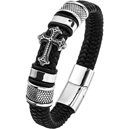 Herrarmband med kors, vikingarunelement och kompasselement för att ge armbandet en klassisk look