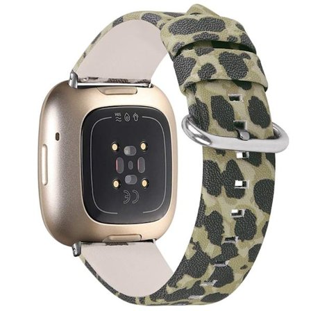 Klockarmband i äkta läder med leopardstruktur för Fitbit Sense / Versa 3 - Militärgrön