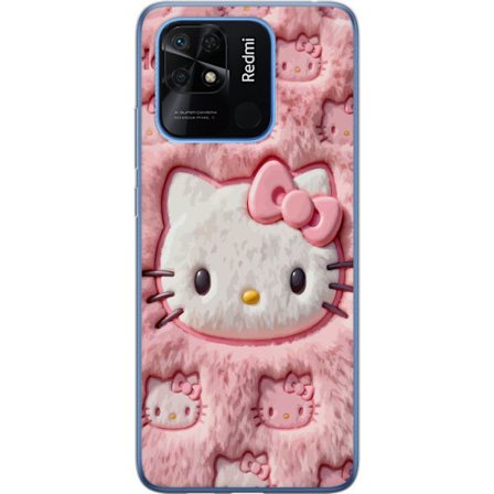 Kompatibel Mobilcover til Xiaomi Redmi 10C Hello Kitty lyserød fluffy baggrund med ikonisk ansigt og kawaii-æstetik