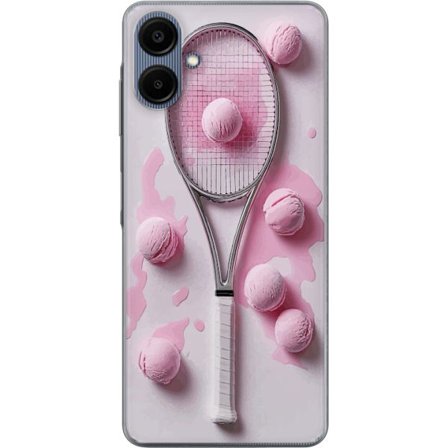 Kompatibel Mobilcover til Samsung Samsung Galaxy A06 Rosa glaskugler og tennisketsjer i et kreativt stillbillede med legende popfølelse og moderne de