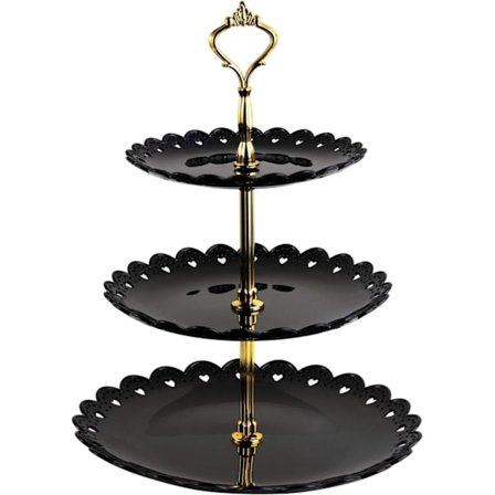 Tretages slik- og kagefad i sort PP – frugtfad, dessertstativ til bryllup og fest_TF_TF