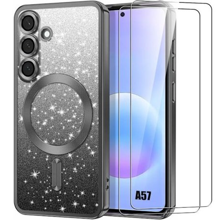 Cover til Samsung Galaxy A57 5G, Silikone med Magnetisk Cirkel - Sort - 2 Hærdede Glas