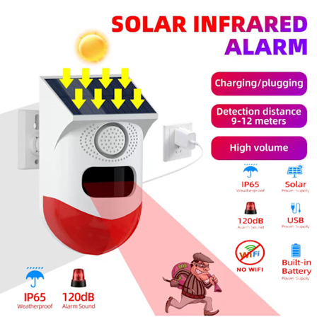 Solar Human Body Induction Infrarød Lyd- og Lysalarm 120dB Alarm Strobelys, Egnet for Hjem, Gård, Låve, Villa, Hage