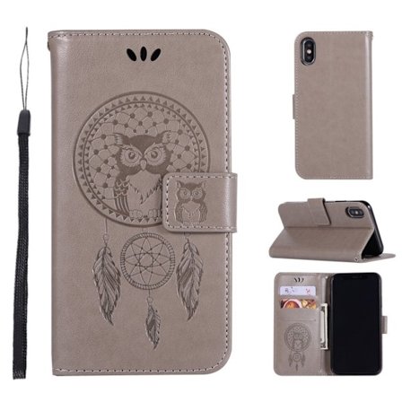 iPhone Xs Max Upea Pöllö Unensieppaaja Kuvioitu Synteetti Nahkainen Lompakko Kotelosuoja - Harmaa