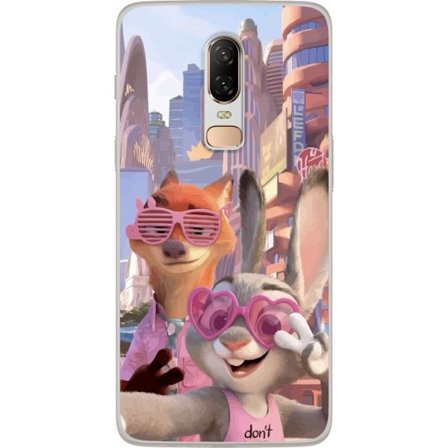 Kompatibelt Mobildeksel til OnePlus OnePlus 6 Animerede dyr i et solfylt bymiljø med rosa solbriller og en positiv melding i en fargerik feel-good st