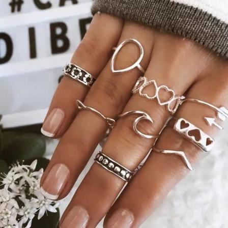 9-pack Boho Silver Ringar - Hjärtan, Blomma & Olika Mönster Silver