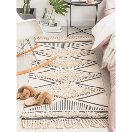 Pestävä tuftattu puuvillamatto hapsuilla kudottu geometrinen kuvio Boho-alueen matto pyykkitupaan ja makuuhuoneeseen (beige, 60 x