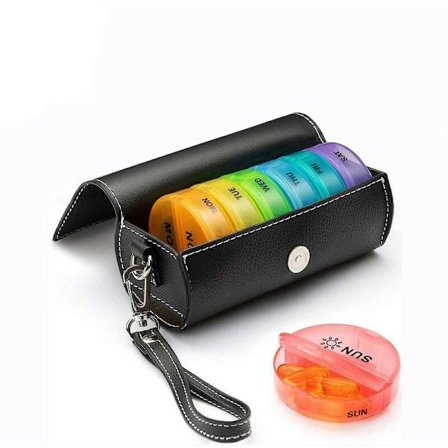 Medicinlåda Läderpåse 14 Galler Bärbar Pillerorganisatör 7 Dagar Tablettask Förvaringsväska med Läderfodral