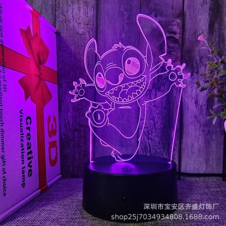 Tegneserie Kawaii Stitch Lilo og Stitch Anime Figur 3D Optisk Illusion LED Soveværelse Dekor Sovebord Lampe med Fjernbetjening 7 Farver