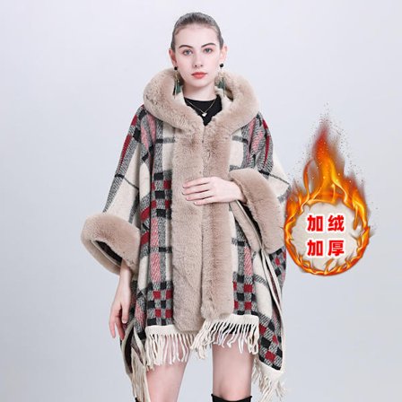 Höst- och vintertrendig cape sjal plus sammet förtjockad pälskrage rutig huva tofs stickad sjal cape