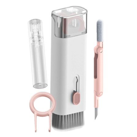 Tastaturrenser børste, 7 i 1 tastatur rengjøringsbørste sett, multifunksjonell tastatur øretelefon rengjøringsmiddel med tastehetter (rosa)