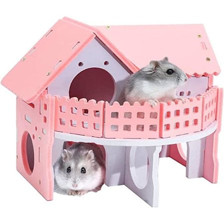 Trähus för hamster, rosa litet husdjurshus med dubbla lager villa balkong montering hamsterleksak 17 x 15 x 15 cm