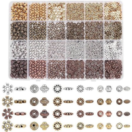 1200 stk. Antikke Avstandsperler 4 Farger Tibetansk Blomst Firkant Rondelle Perler Legering Avstandsperler Flate Runde Løse Perler for Armbånd 