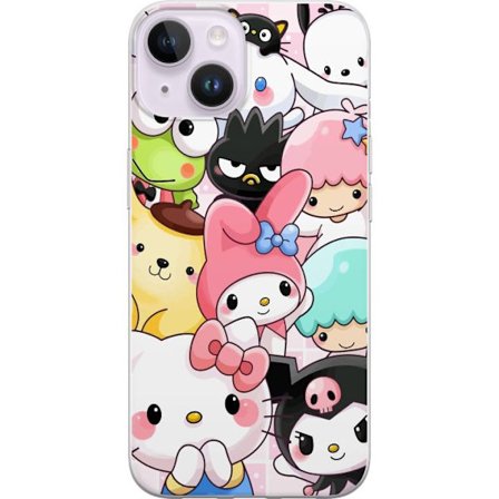 Kompatibelt Mobildeksel til Apple iPhone 14 Plus Tett mønster av søte figurer med store øyne i ulike farger og uttrykk med LABUBU-tekst