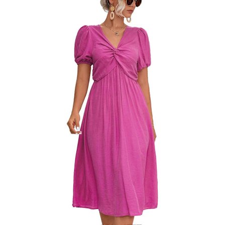 Damekjole Twistknute V-hals Korte Puffermer Løs Kant Casual Lang Kjole for Hverdagsbruk