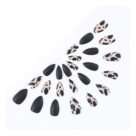 Almond Matte Falske Negler Lang Svart Trykk På Negler Leopard Akryl