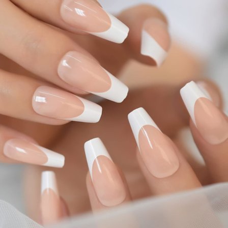 Hvide Naturlige Franske Tryk På Negle Fuld Dækning Lange Neglespidser Ballerina Formet Gloss Gel Negle 24 stk Kunstige Falske Negle[HK]